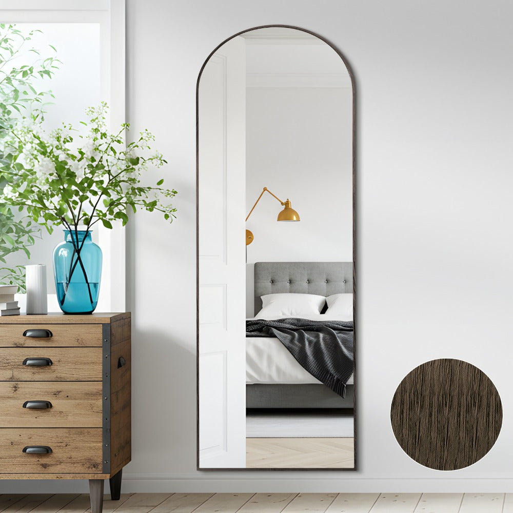 Melodieux Espejo arqueado de 161 X 52 cm con aspecto de madera de nogal y marco de aluminio, espejo de maquillaje de longitud completa independiente para colgar o montar en la pared para el baño