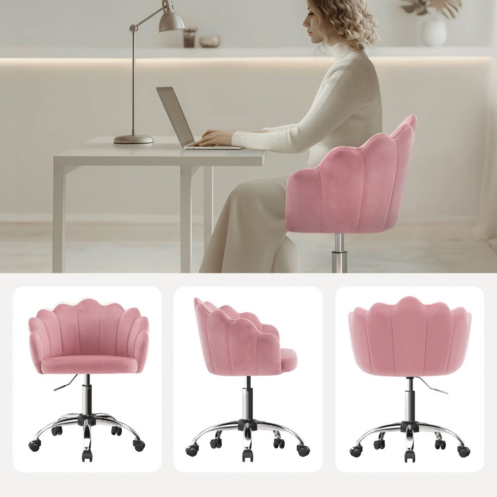 1 Silla de oficina para el hogar, Silla de escritorio, Silla de maquillaje, Silla de terciopelo con respaldo en forma de pétalo - Cómoda y hermosa, Silla giratoria con ruedas, Altura de silla ajustable, Base de metal, Fácil de montar