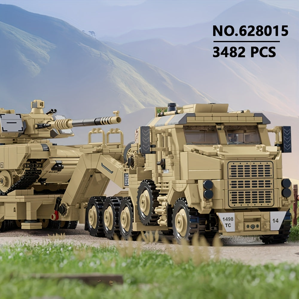 Set de bloques de construcción de vehículo pesado de transporte de tanques de 3482 piezas, modelo de construcción de vehículo de transporte blindado MOC, exhibición de colección para adultos, regalo para entusiastas de modelos de tanques 628015