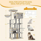 Árbol para gatos, Árbol para gatos XXL de 200 cm con 10 postes para rascar, 2 cuevas, 2 hamacas, plataforma grande, cepillo para gatos, cesta, árbol para gatos resistente para Maine Coon y gatos más grandes, gris claro/gris oscuro/beige