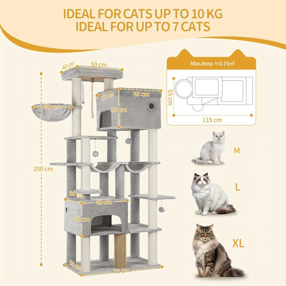 Árbol para gatos, Árbol para gatos XXL de 200 cm con 10 postes para rascar, 2 cuevas, 2 hamacas, plataforma grande, cepillo para gatos, cesta, árbol para gatos resistente para Maine Coon y gatos más grandes, gris claro/gris oscuro/beige