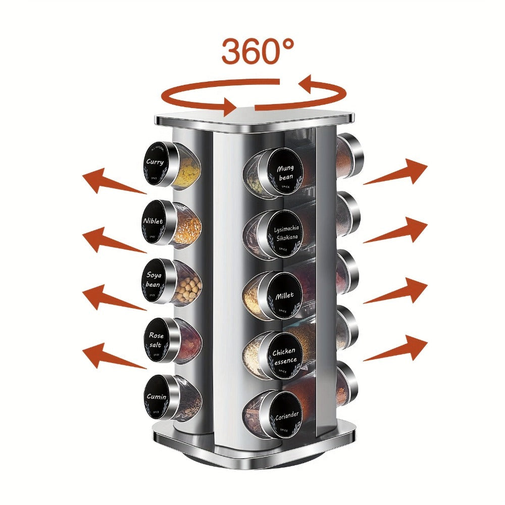 Miorkly Estante de Especias Cuadrado con 12/20 Tarros, Carrusel Giratorio 360° en Acero Inoxidable para Organizar Condimentos, Soporte Vertical y Dispensadores Incluidos