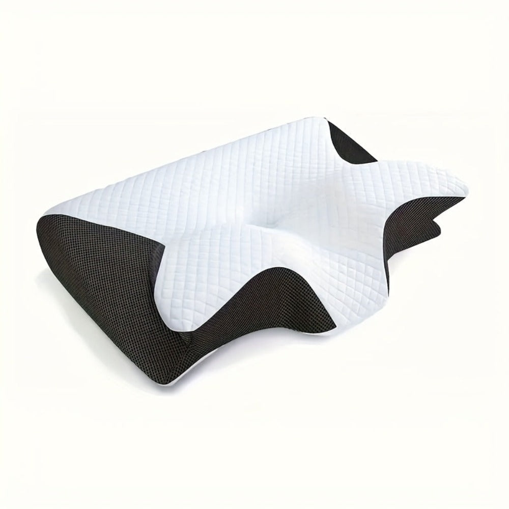 Almohada Ergonómica para Cuello para Personas que Duermen de Lado, Boca Arriba y Boca Abajo - Diseño Contorneado, Soporte Suave pero Firme, Negro con Relajación de Hombros Texturizada Blanca, Construcción Sólida, Soporte Cómodo para el Cuello | Reposacabe
