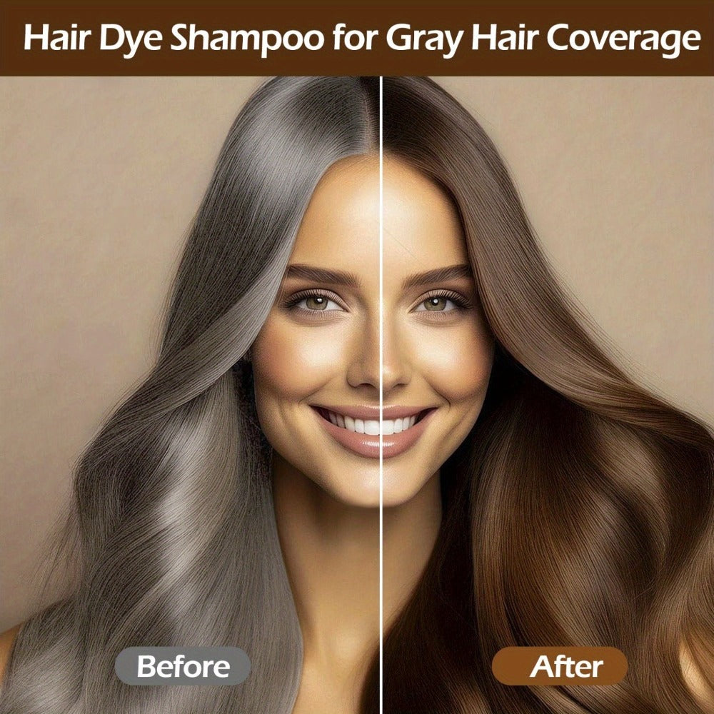 Champú tinte para el cabello 3 en 1 color castaño oscuro, 2 piezas, fórmula herbal natural que cubre el 100 % de las canas para mujeres y hombres, champú de color castaño oscuro de larga duración para teñir en minutos, champú instantáneo para canas de 16.