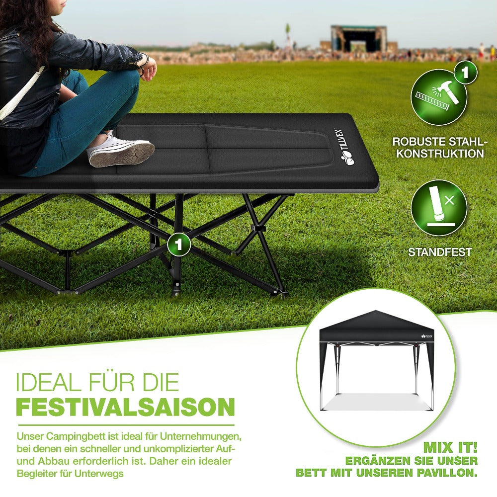 Tillvex® Cama Plegable para Camping con Bolsa de Transporte, Soporta Hasta 200 kg, Cama Extra Ancha para Camping, Cama de Campaña, Cama de Pesca para Uso en Exteriores e Interiores, Cama Plegable para Invitados, Portátil para Jardín, Camping, Pesca, Festi