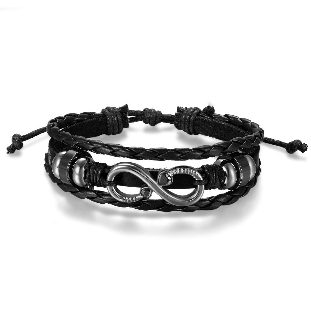 Pulsera de Cuero PU Trenzado con Símbolo Infinito para Hombres y Mujeres - Brazalete en Forma Infinity, Estilo y Blanco Regalo Joyería Unisex Para Boda/Aniversario/Accesorio Punk (Sin Metal, Uso Todo el Año)
