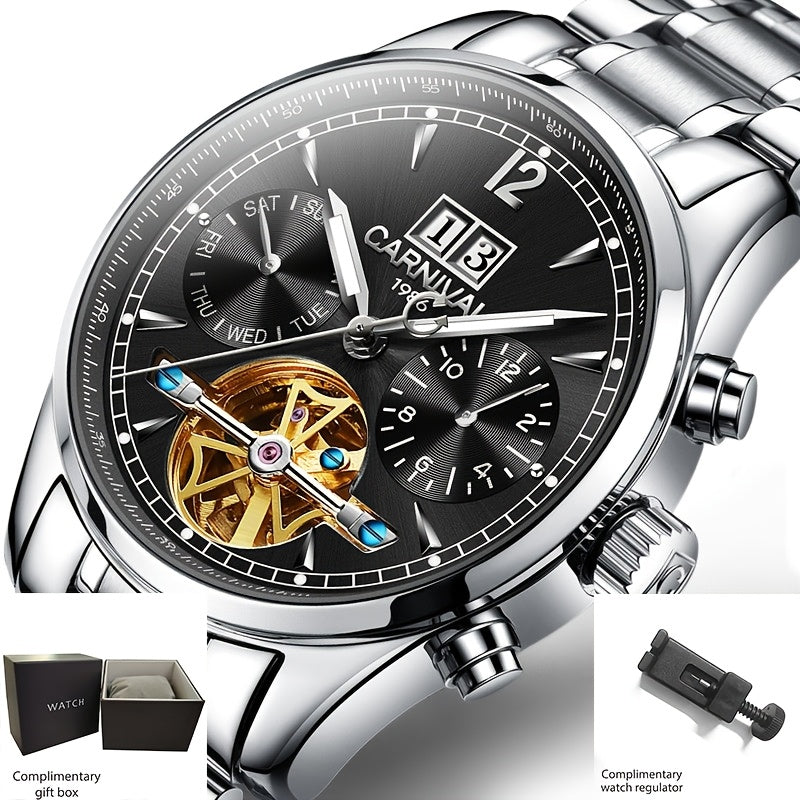 [I&W Carnival] Reloj Mecánico Automático de Lujo para Hombre - Acero Inoxidable, Resistente al Agua (30M), Multifuncional con Indicador de Fecha, Esfera Azul y Fondo Transparente, Regalo Perfecto para Él, Reloj de Lujo para Hombre | Reloj con Marca | Relo