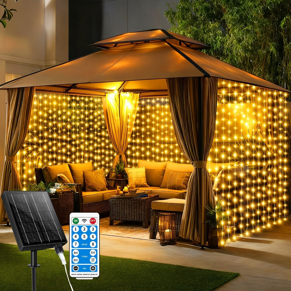 Guirnalda de luces solares de 330 LED 3*3 - 8 modos, control remoto, energía solar, uso durante todo el año, 0 facturas de electricidad, duradera - Perfecta para jardín exterior, patio, gazebo, fiesta, festival, boda, decoración navideña