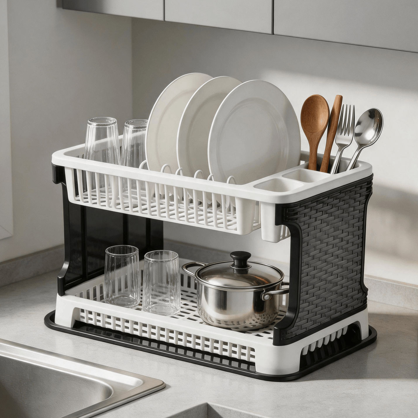 Escurridor de platos plegable de gran capacidad con bandeja de goteo, secador de platos