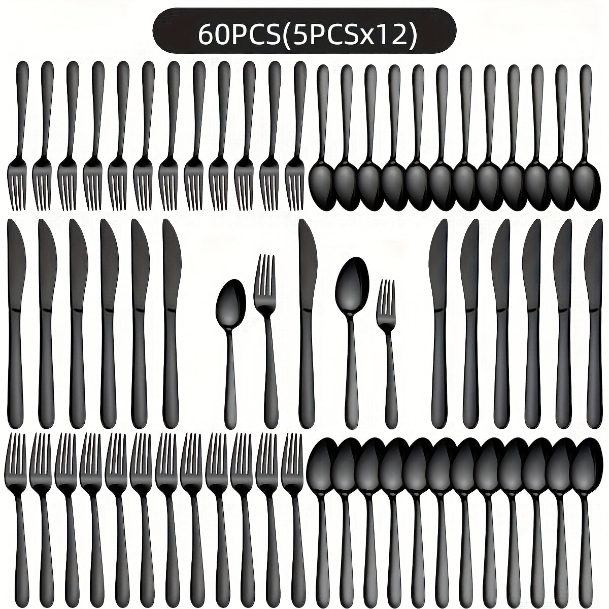 Juego de vajilla de acero inoxidable negro de 72 piezas, vajilla de acero inoxidable genuino, 60 piezas negro brillante, adecuado para 12 personas, juego de cubiertos de cuchillo, tenedor, cuchara, adecuado para bodas, fiestas, cumpleaños, restaurantes, a