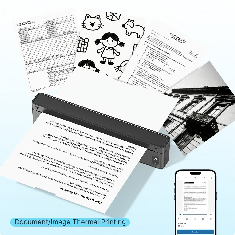 Impresora Térmica Inalámbrica A10A, Batería de 1800Mah, Impresora Móvil Compacta para Viajes, Oficina, Hogar, Incluye 10 Hojas de Papel Térmico. Compatible con Smartphones y Computadoras
