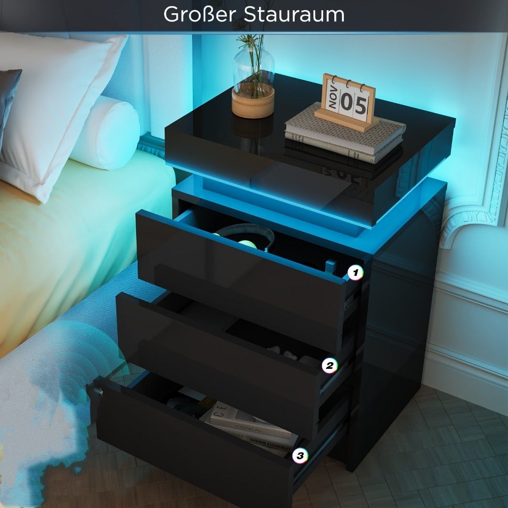 Mesita de noche LED con 2/3 cajones y 1 cajón superior, mesita de noche con brillo intenso en 4 lados, colores LED RGB, mesita auxiliar para dormitorio, sala de estar, muebles para el hogar, negro