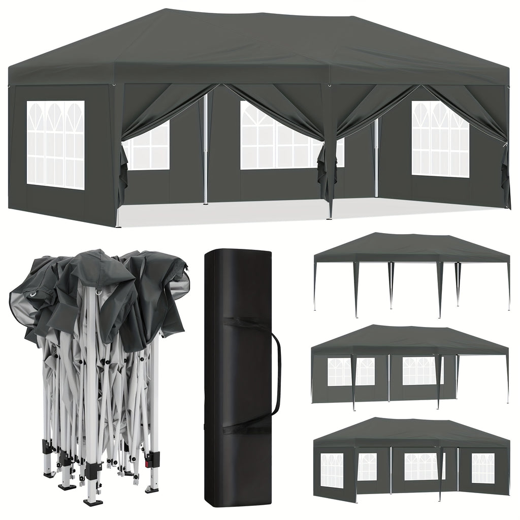 Toldo plegable de exterior de 1 pieza de 3 x 6 metros, toldo para exteriores, carpa de recepción portátil, cenador de metal, refugio, equipado con 6 paredes laterales y 4 ventanas, resistente al viento, protección UV, fácil de instalar, resistente y durad