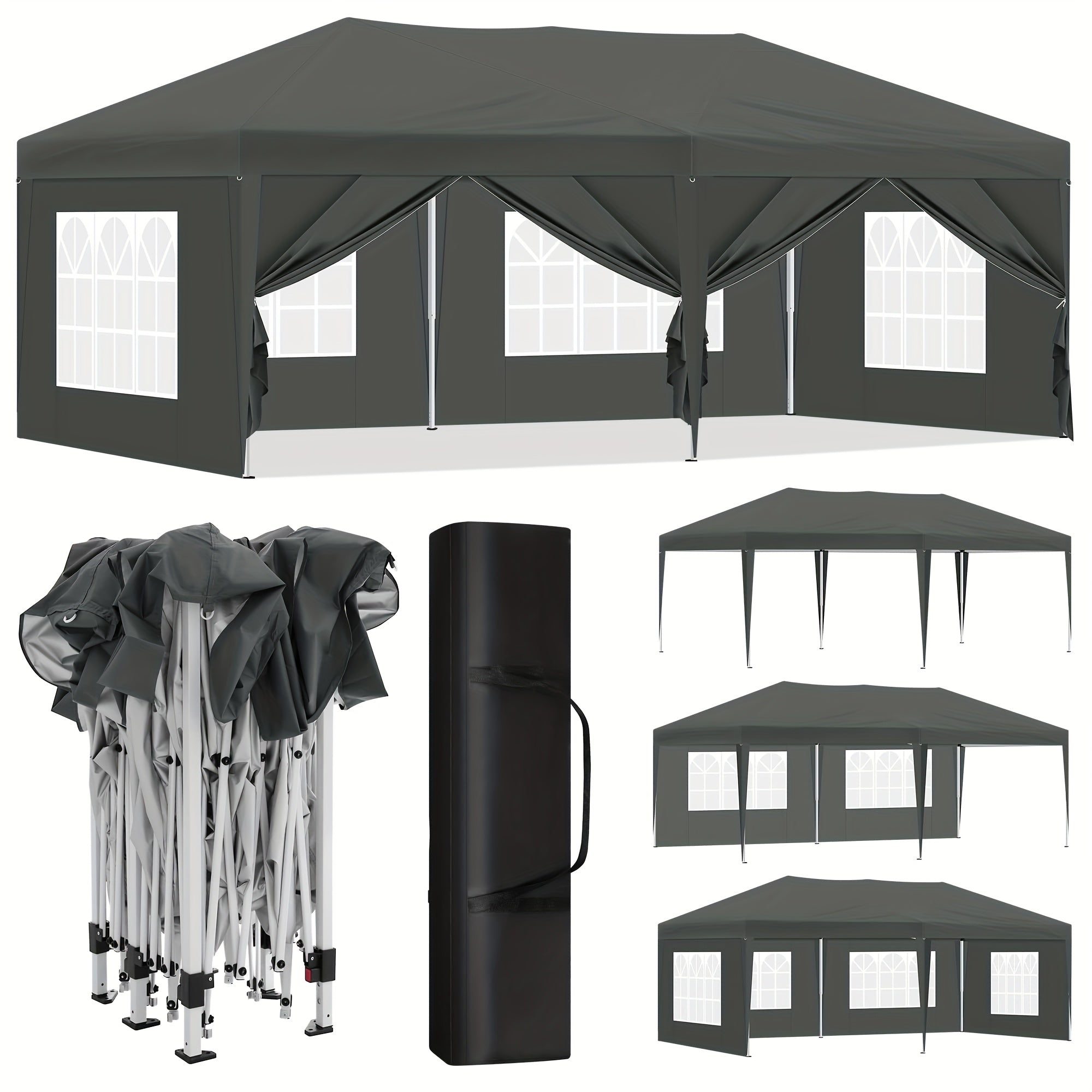 Toldo plegable de exterior de 1 pieza de 3 x 6 metros, toldo para exteriores, carpa de recepción portátil, cenador de metal, refugio, equipado con 6 paredes laterales y 4 ventanas, resistente al viento, protección UV, fácil de instalar, resistente y durad