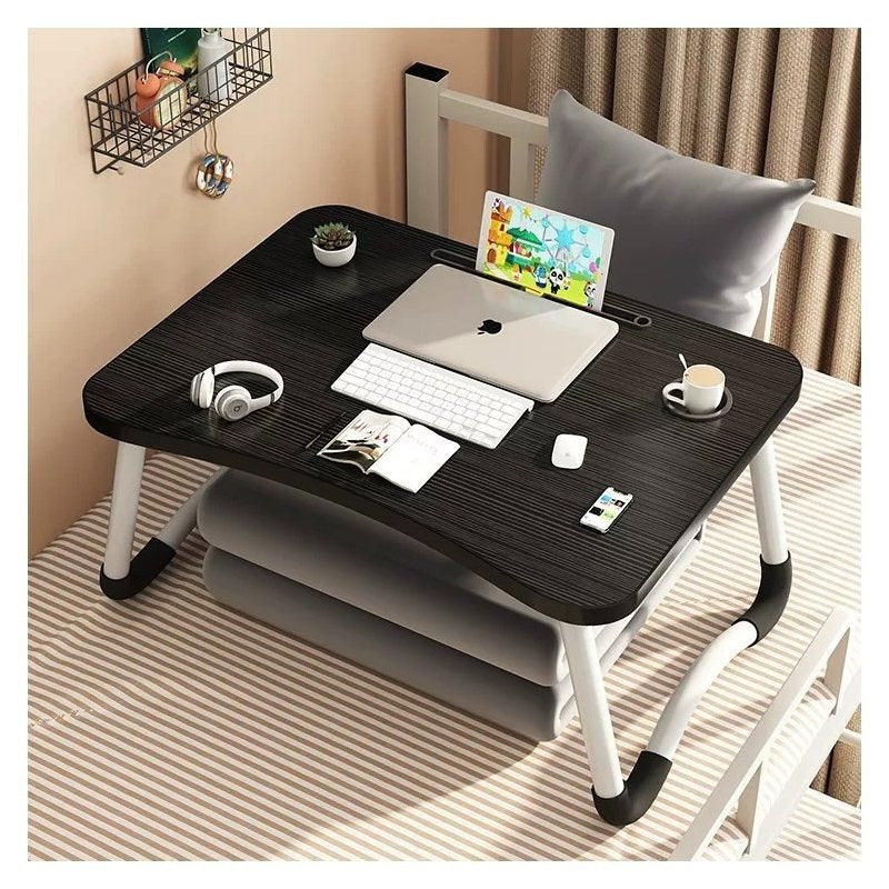 Mesa plegable multifunción para cama y sofá con portavasos, 60×40×28 cm, mesa auxiliar con atril para leer en la cama, bandeja multifunción para ordenador, libros, trabajo y estudio en casa (con cajón / sin cajón)