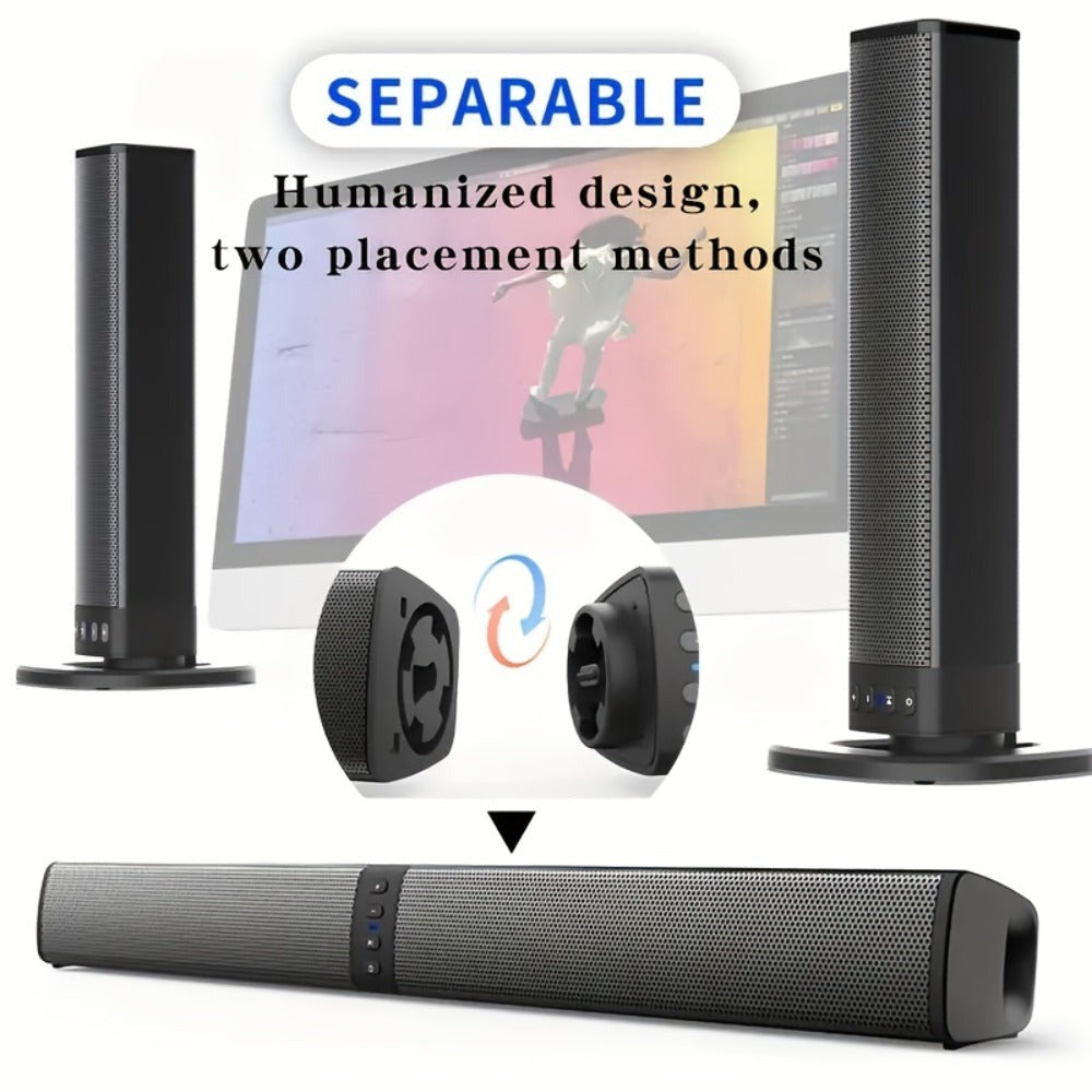 Barra de Sonido Estéreo para Smart TVs, Subwoofer sin varillas 2 en 1, Sistemas de Cine en Casa, Mejora de Graves, Conectividad Inalámbrica, TF, AUX, FM, RCA, TWS, Batería Recargable Integrada de 2000mAh, Compatible con Reproductor de DVD, TV, Computadora