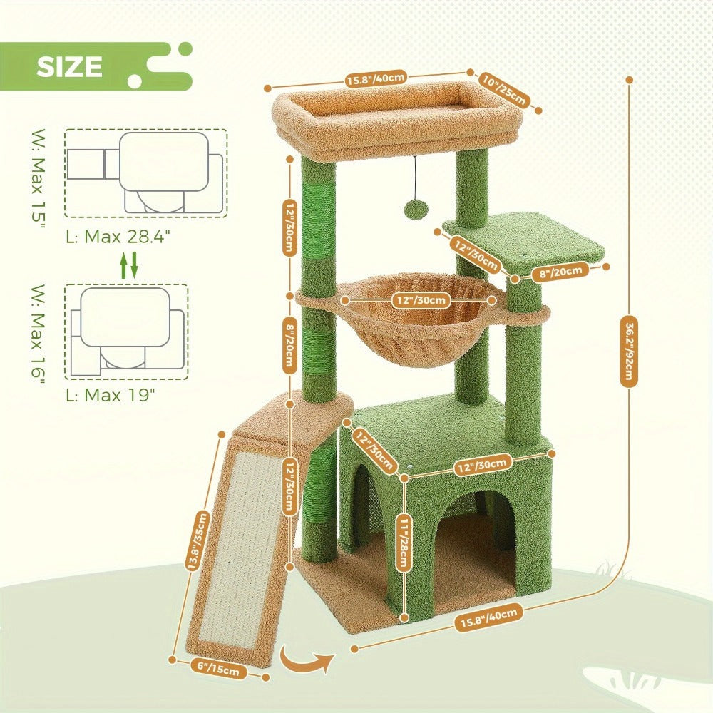 Árbol para Gatos de Interior PAWZ con Gran Apartamento, 1 Tablero de Sisal, 3 Postes Rascadores, Torre Rascadora para Gatos con Hamaca Grande y Percha de 90cm