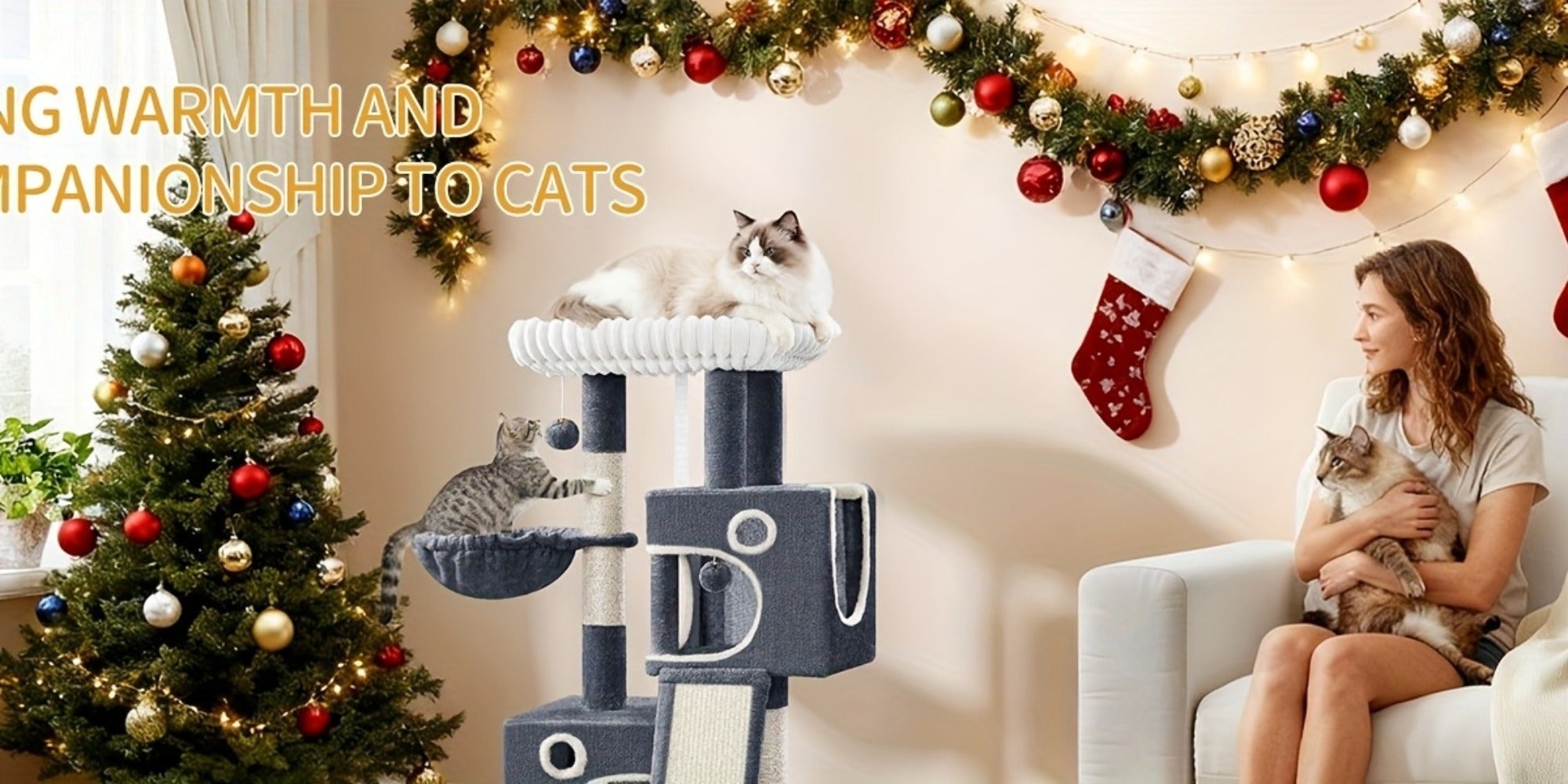 Árbol para Gatos Adecuado para Espacios Pequeños con Plataformas de Peluche, Postes de Sisal para Rascar y Base Antivuelco - Rampa de Escalada Multinivel, Cueva y Pompones - Árbol de Juego Resistente para Gatitos y Gatos (Gris Oscuro)