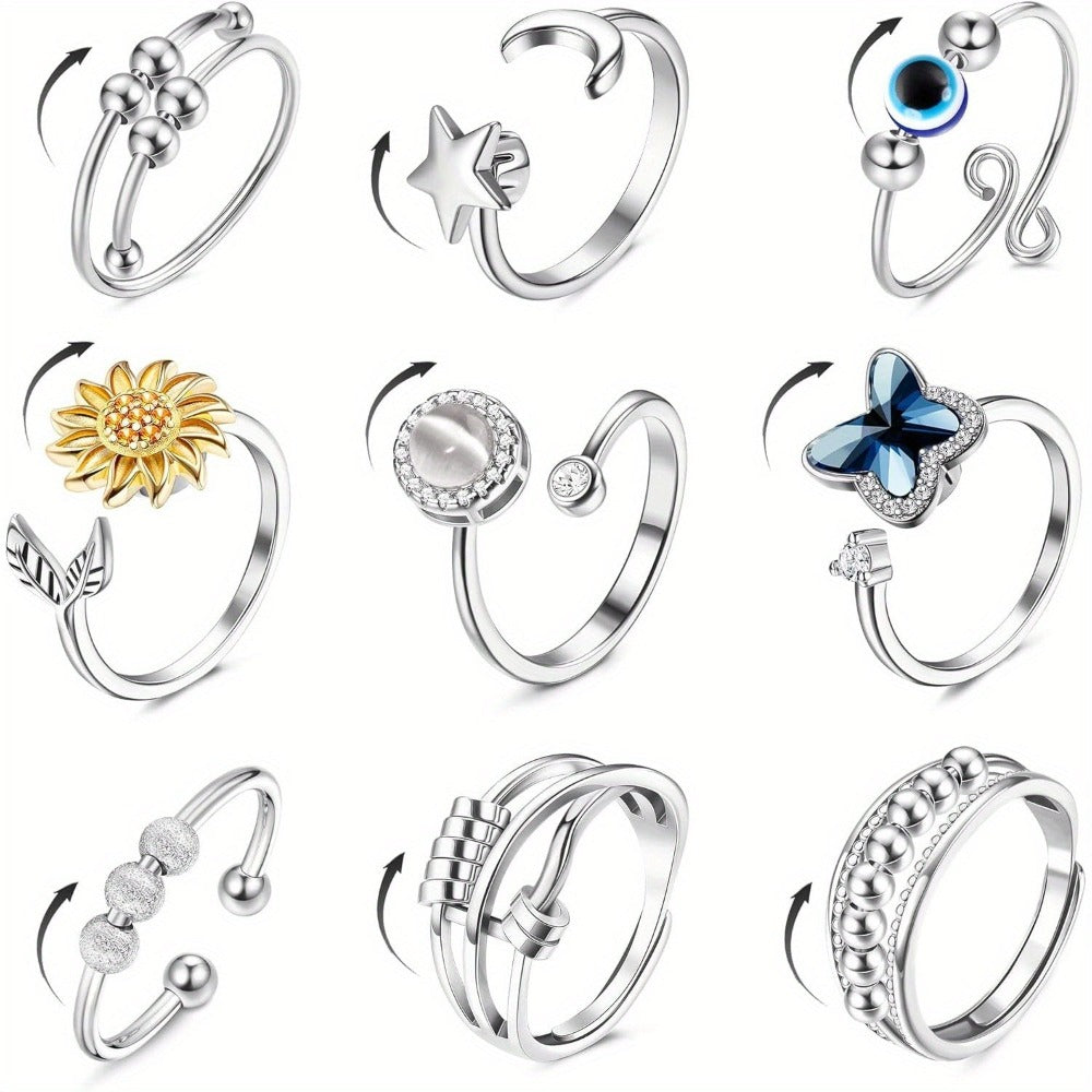 9 anillos Fidget Spinner para mujeres y hombres, anillos abiertos CZ con forma de flor, luna y estrella, anti giratorios, ajustables