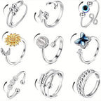 9 anillos Fidget Spinner para mujeres y hombres, anillos abiertos CZ con forma de flor, luna y estrella, anti giratorios, ajustables