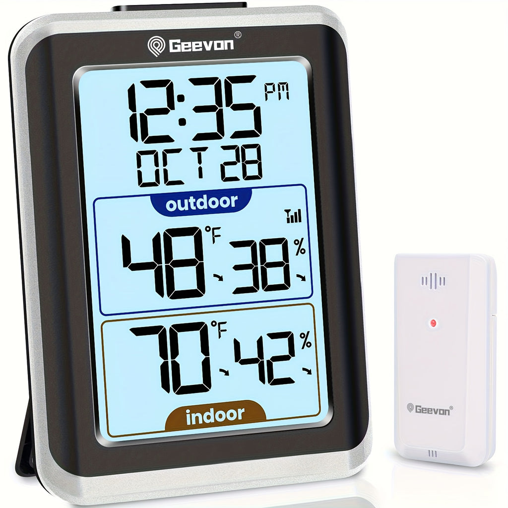 GEEVON Termómetro y higrómetro digital inalámbrico con reloj - Uso interior/exterior, escala dual (Fahrenheit/Celsius), monitor de temperatura y humedad de alta precisión, montable en la pared