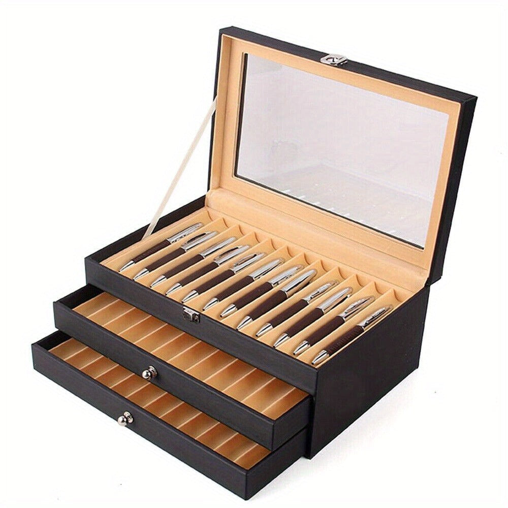 Estuche de Exhibición para Plumas de Gran Capacidad con 36 Ranuras - Caja de Almacenamiento para Coleccionistas de Cuero PU Resistente y Franela con Tapa con Vista al Cielo, Acceso Tipo Cajón Dorado y Diseño Curvo - Organizador de Lujo para 36 Plumas (12"
