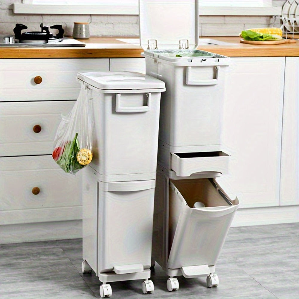 Cubo de basura estrecho de cocina de 32L con tapa, clasificación selectiva con división o dos contenedores interiores, pedal para separación de residuos secos y húmedos, contenedor de plástico para ahorrar espacio para cocina y baño
