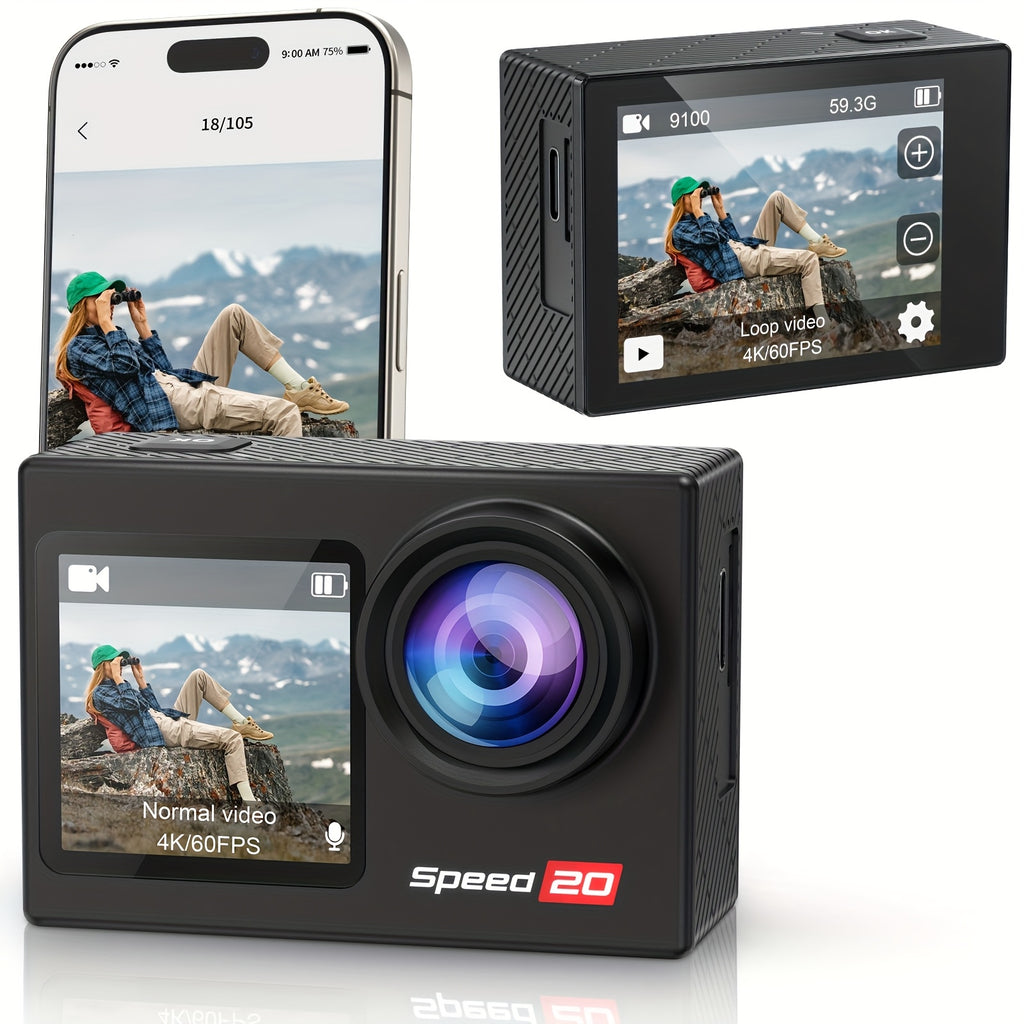 Cámara de Acción 4K HD, con Kit de Accesorios Completo, Pantalla OLED de 1.4 Pulgadas, Estabilización de Imagen Digital, Control de Exposición Automático, Conectividad WiFi, Formato MP4, Lente Ojo de Pez, Enfoque Automático Híbrido, Medición de Peso Centr