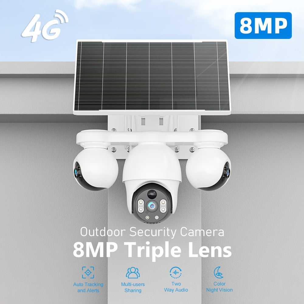 Cámara de seguridad solar solar exterior de 8MP con triple lente y triple vista 4G, videovigilancia, rotación panorámica-inclinable PTZ 360°, seguimiento de movimiento, detección humana PIR, audio bidireccional, visión nocturna a todo color, notificacione