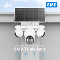 Cámara de seguridad solar solar exterior de 8MP con triple lente y triple vista 4G, videovigilancia, rotación panorámica-inclinable PTZ 360°, seguimiento de movimiento, detección humana PIR, audio bidireccional, visión nocturna a todo color, notificacione