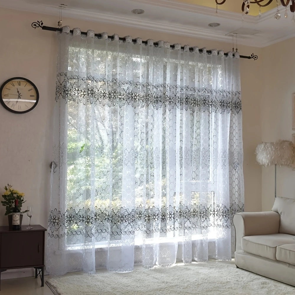 2pcs Cortinas Florales Elegantes con Ojales en la Parte Superior - Poliéster Semi-Transparente, Lavables a Máquina para Sala de Estar, Dormitorio, Decoración de Oficina