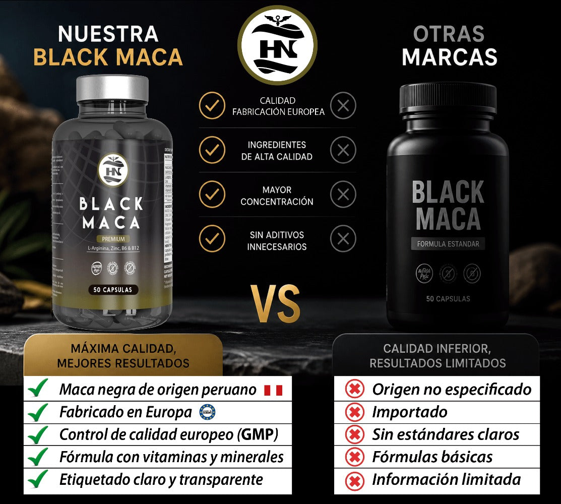 HN Maca Negra Andina en Cápsulas con Vitaminas B6, B12 y Zinc – Suplemento Alimenticio para Adultos, Formato de 50 Cápsulas Vegetales