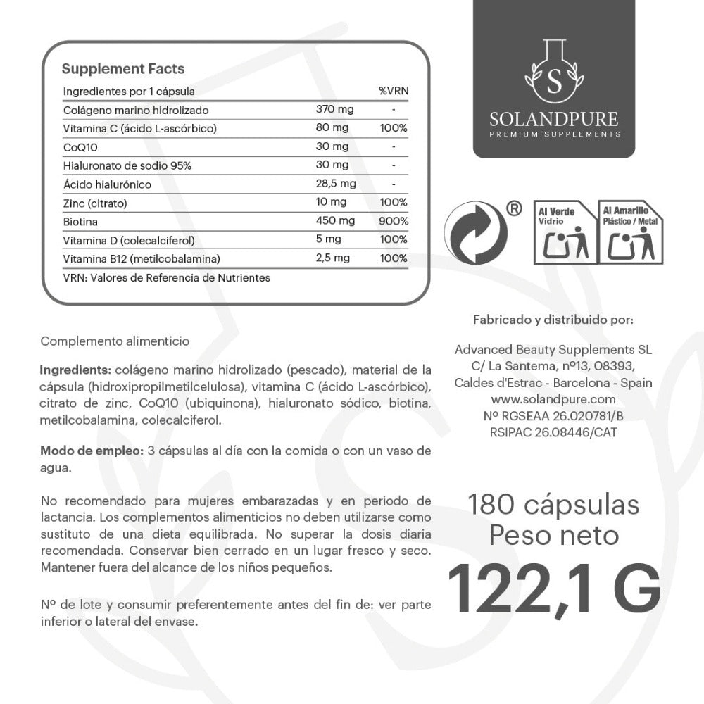 Colágeno y Ácido Hialurónico 180 Cápsulas Vegetales – Fórmula Premium con PEPTAN® Marino, Biotina, CoQ10, Vitaminas y Minerales - Calidad Premium Solandpure®