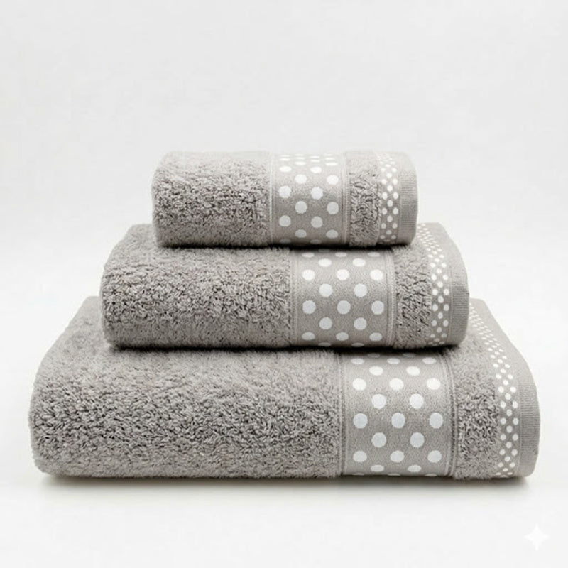 Juego de Toallas de Algodón 100% (3 Piezas) - Incluye Toalla de Tocador, Lavabo y Ducha | Tacto Suave, Ultra Absorbentes con Diseño Elegante de Lunares | Set Premium para Baño