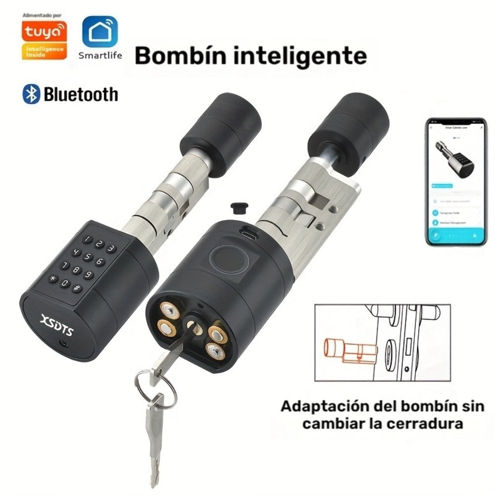 Cerradura Inteligente Cilindro Compatible para Oficina - Sistema de Desbloqueo 5 en 1 con Huella/Llave/Tarjeta/Contraseña/Control por App Tuya, Adecuada para Puertas y Sistemas de Entrada