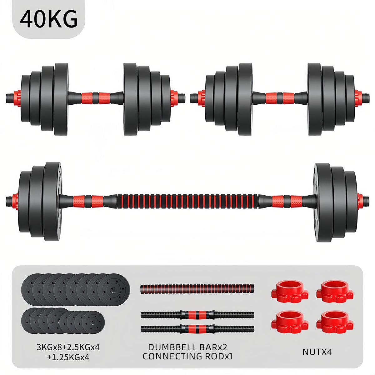 Mancuernas ajustables de 10/15/20/30/40 kg, juego de pesas multiusos con barras rectas y mangos antideslizantes, pesas ajustables para culturismo y fitness en el gimnasio en casa.
