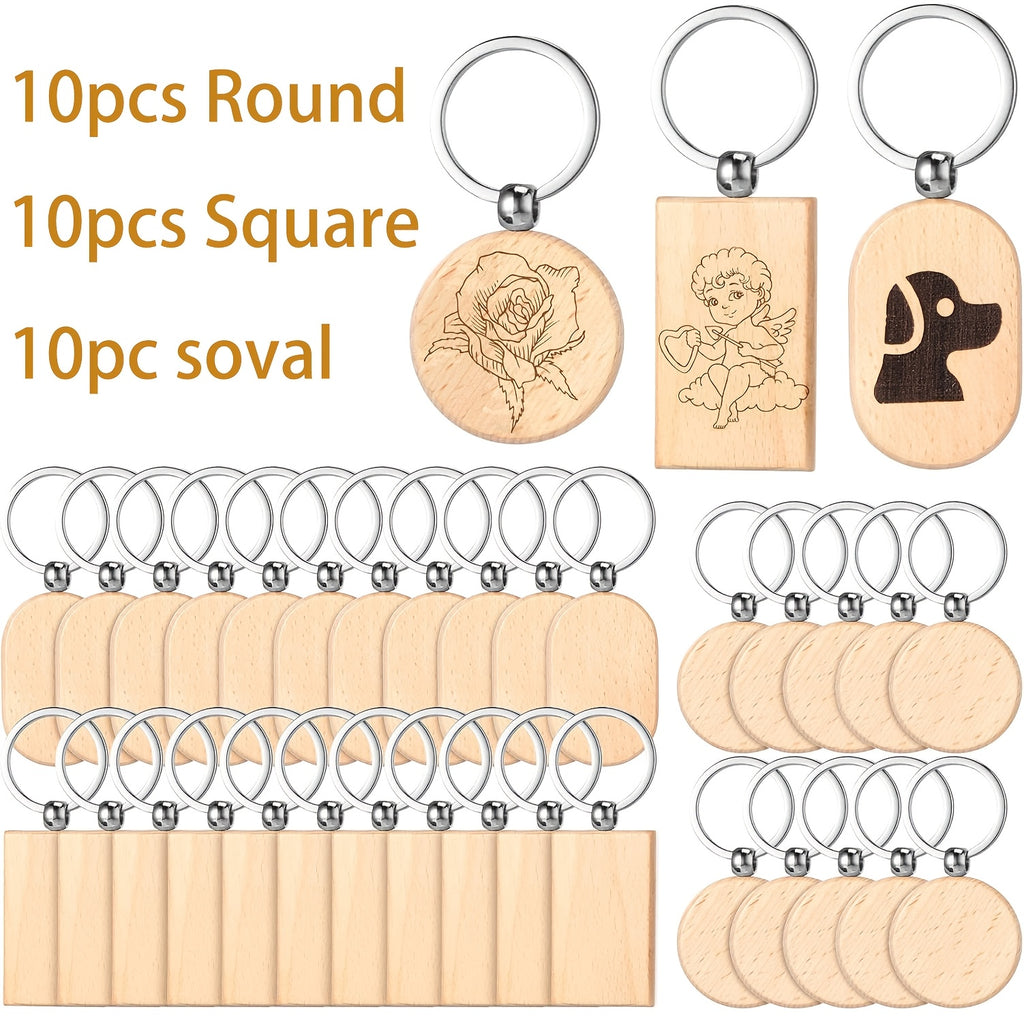 Dofiki Juego de 30/60 Llaveros de Madera, Redondos/Cuadrados/Ovalados, Grabados con Láser, Adecuados para Regalos Hechos a Mano de Bricolaje, Varios Llaveros y Etiquetas para Llaves