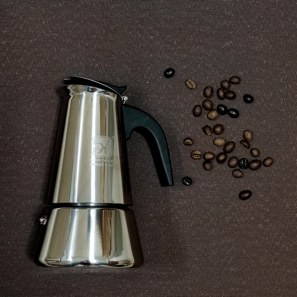 Cafetera Italiana Espresso de Acero Inoxidable para Inducción Vitro Gas Eléctrica. Cafetera de distintos tamaños 2/4/6/10 Tazas - Happy Friends