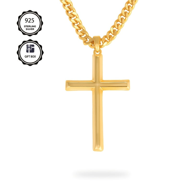 Collar con colgante para hombre hecho de plata 925, con una cruz tridimensional chapada en oro de 18 quilates, acompañado de una cadena cubana resistente de plata 925, lo que lo convierte en un regalo ideal para las fiestas o el Día del Padre, presentado