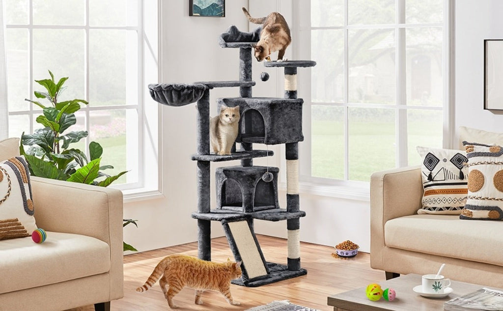 Rascador para gatos Costoffs, de 145 cm de altura, robusto árbol trepador con postes de sisal para rascar, 2 cuevas para gatos y sisal de juego para gatos
