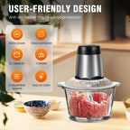 Picadora de carne eléctrica de 1600 vatios con cortador de alimentos multifunción, incluye un contenedor de vidrio de 2 litros y 4 cuchillas de acero inoxidable, 2 velocidades para carne, frutas, verduras, nueces, zanahorias y uso general en la cocina