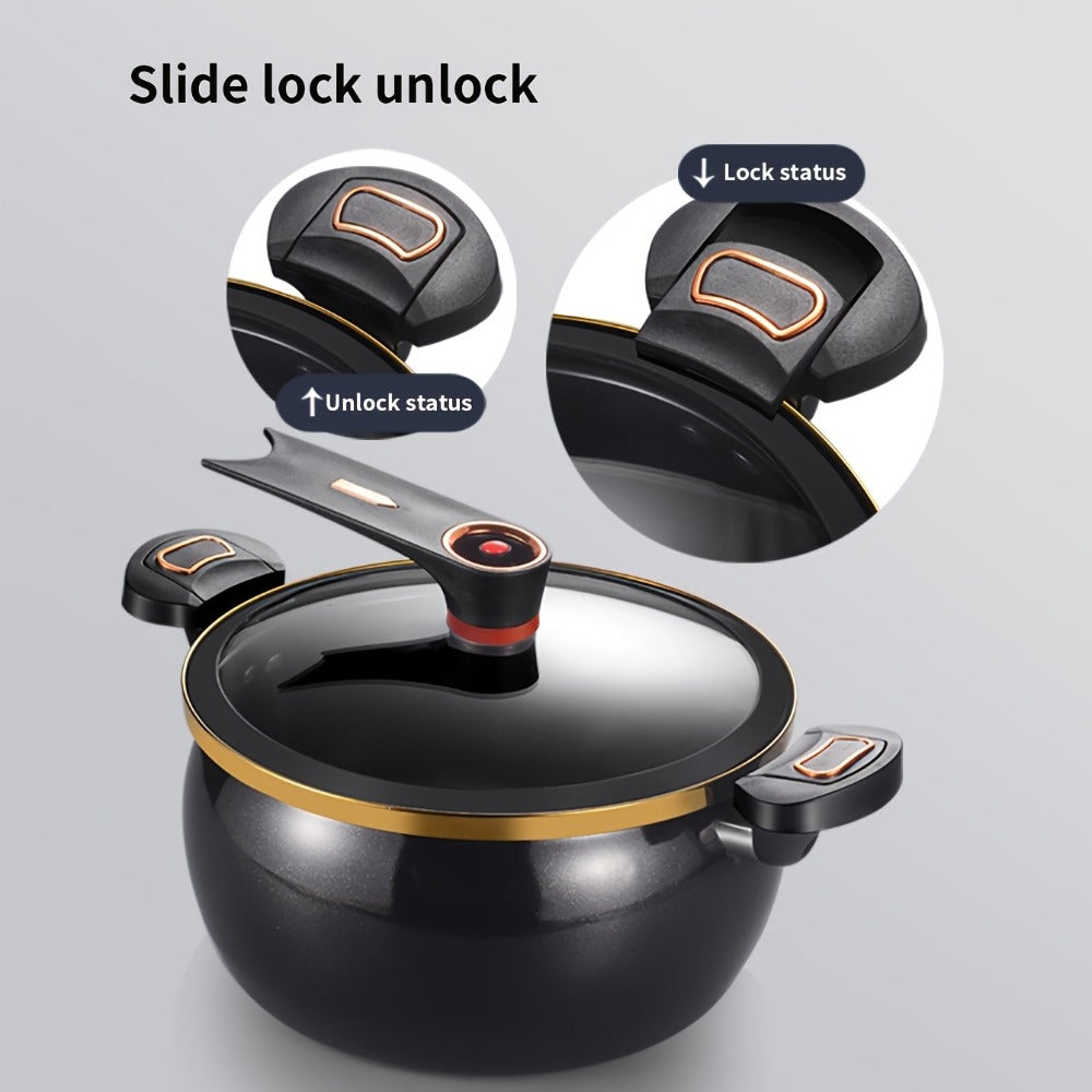 Olla de 7 litros multiusos con doble asa y tres opciones de color, con una generosa capacidad de 25.4cm, hierro grueso, tapa de vidrio y borde dorado. Perfecta para sopas, estofados y más, ideal para regalos de Halloween y Navidad en una bodega local.