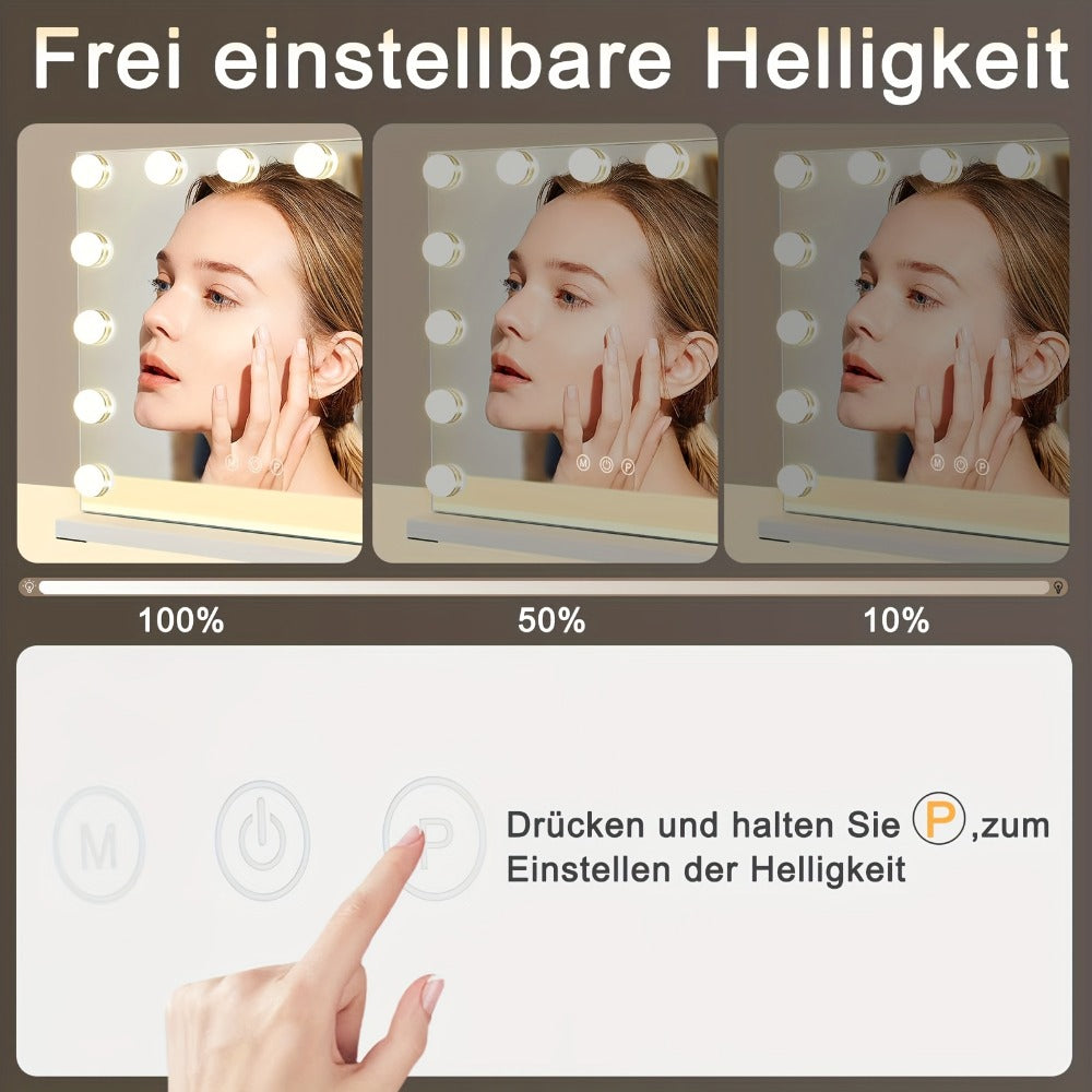 Espejo de maquillaje Hollywood con iluminación - Espejo de tocador con 14 luces LED, puerto USB, espejo cosmético de 50x40 cm - Espejo de tocador táctil regulable con 3 modos