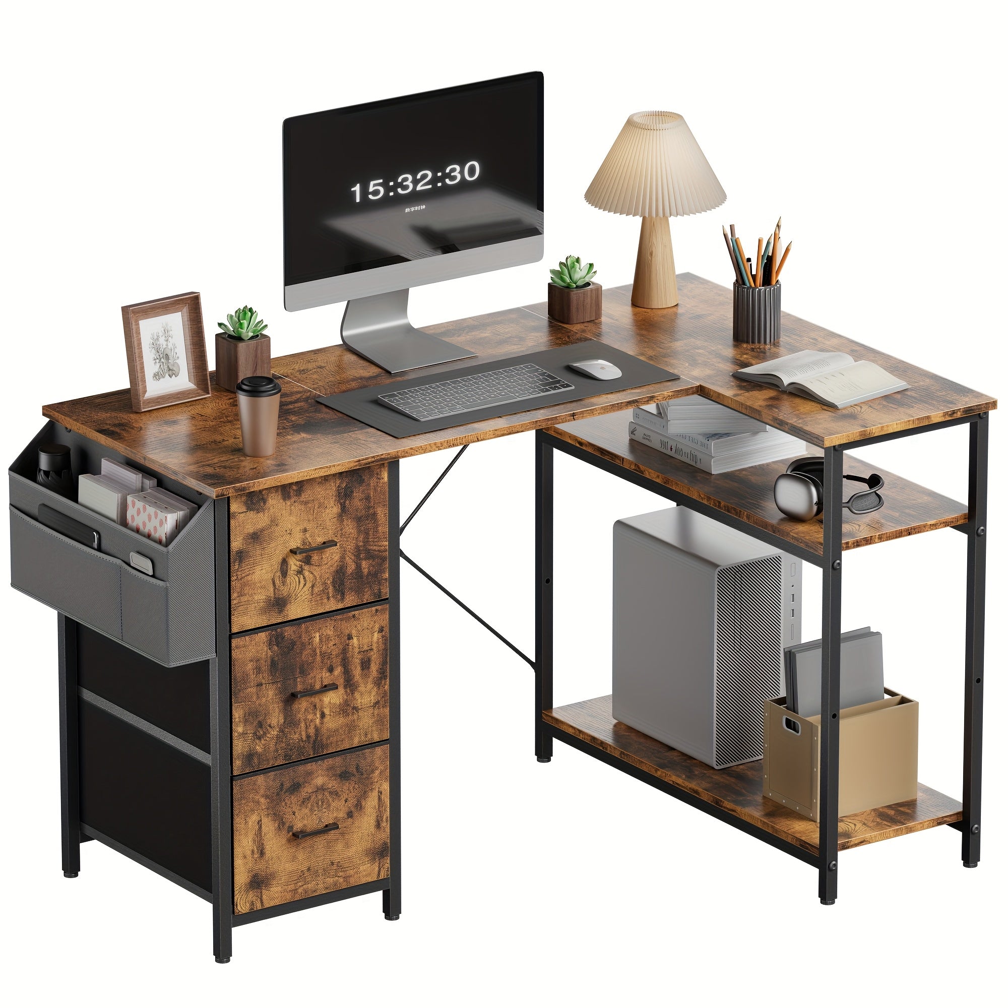 Escritorio Furnishia para Computadora con Bolsillos Laterales, Escritorio Gaming con Cajones y Bolsa de Almacenamiento, Escritorio de Esquina con Estante de Dos Niveles para Dormitorio, Estación de Trabajo, Oficina