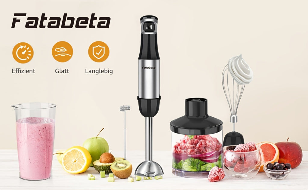 Batidora de mano de inmersión 6 en 1 - Varilla batidora de acero inoxidable con 5 velocidades, picadora, batidor y espumador de leche para carne, puré de patatas y comida de bebé