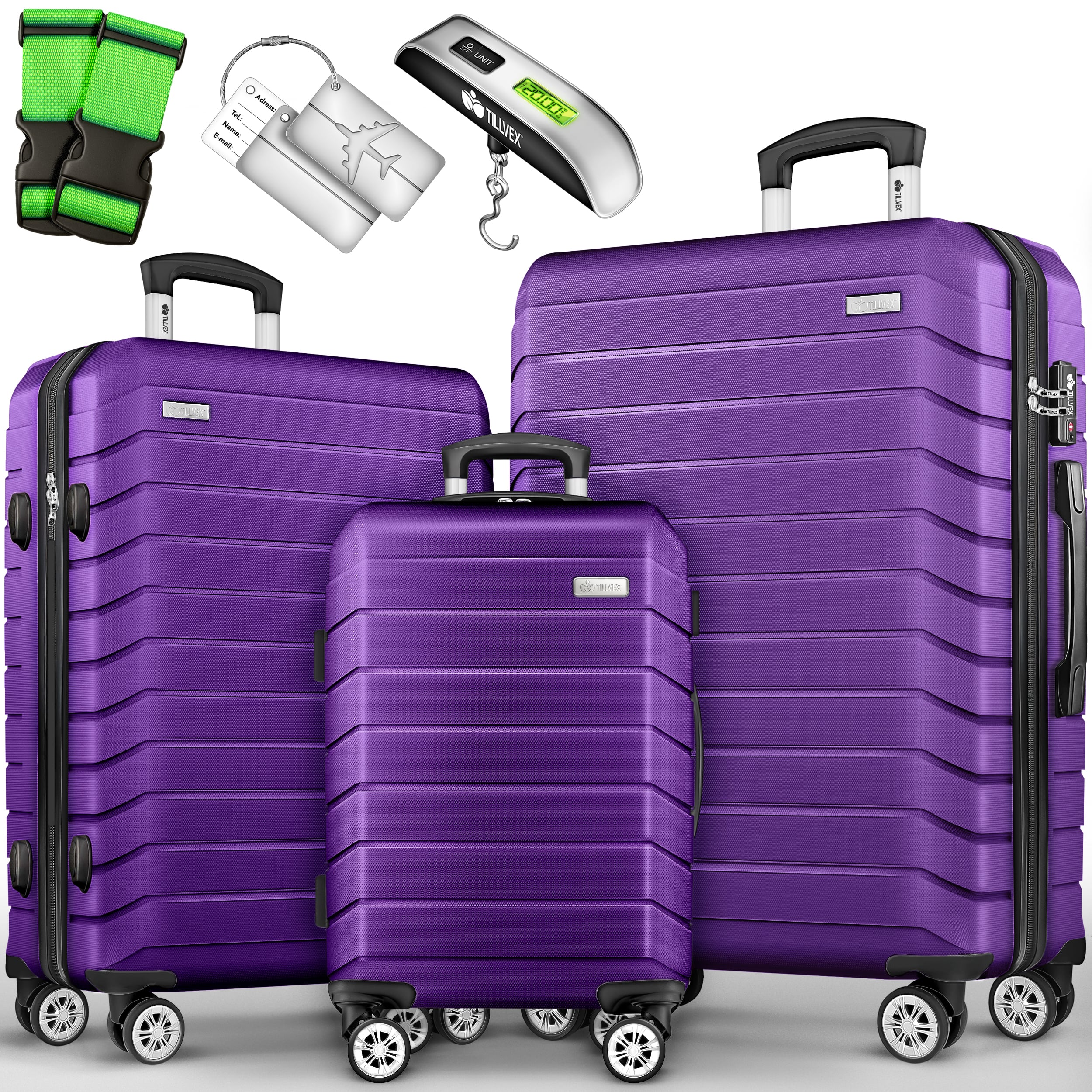 Tillvex® Juego de Equipaje de Viaje con Báscula, Correas y Etiquetas | Maleta de 4 Ruedas | Equipaje con Candado TSA | Juego de Maletas de Carcasa Dura