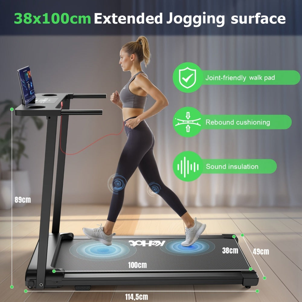 Cinta de correr plegable 2 en 1 con motor de CC de pico de 2.0 HP, velocidad ajustable de 1-12 km/h, panel de 4 pantallas LED con altavoces integrados, 12 programas preestablecidos + 3 modos de entrenamiento, equipo de fitness compacto para el hogar para