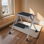 Escalera con goma antideslizante y asa, escalera plegable de 2 escalones, ancho de peldaño 20 cm, carga 150 kg, acero, gris y negro