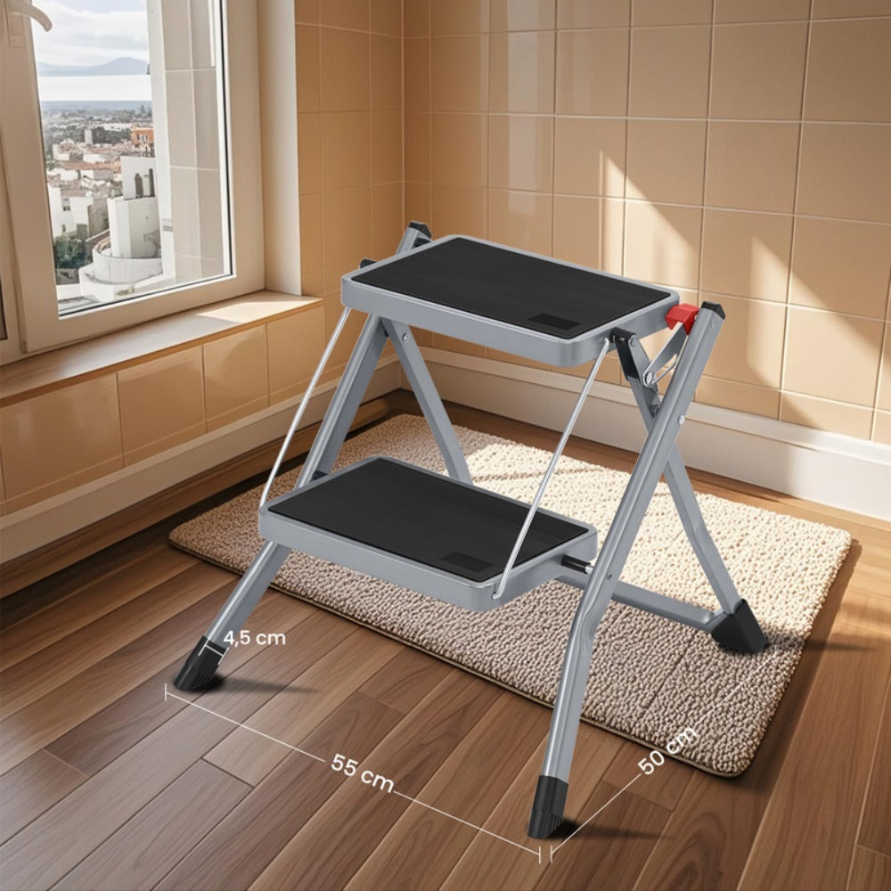 Escalera con goma antideslizante y asa, escalera plegable de 2 escalones, ancho de peldaño 20 cm, carga 150 kg, acero, gris y negro
