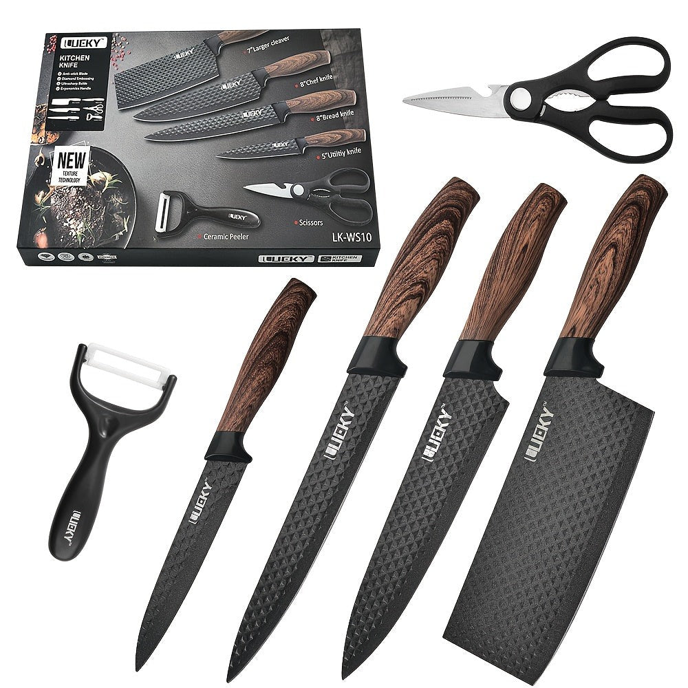 Un juego de 6 cuchillos de cocina para chef con hojas de acero inoxidable, famosos por su filo y durabilidad. Este juego incluye un mango ergonómico, tijeras y un pelador, todos resistentes al óxido y fáciles de mantener.